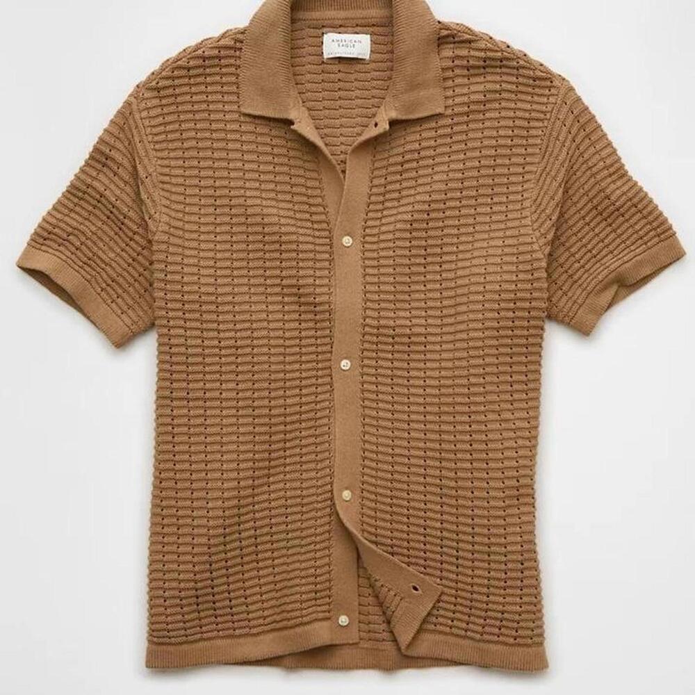 AE Weekend Textured Button-Up Sweater Polo Shirt brown size XL NWOT - Picture 3 of 8